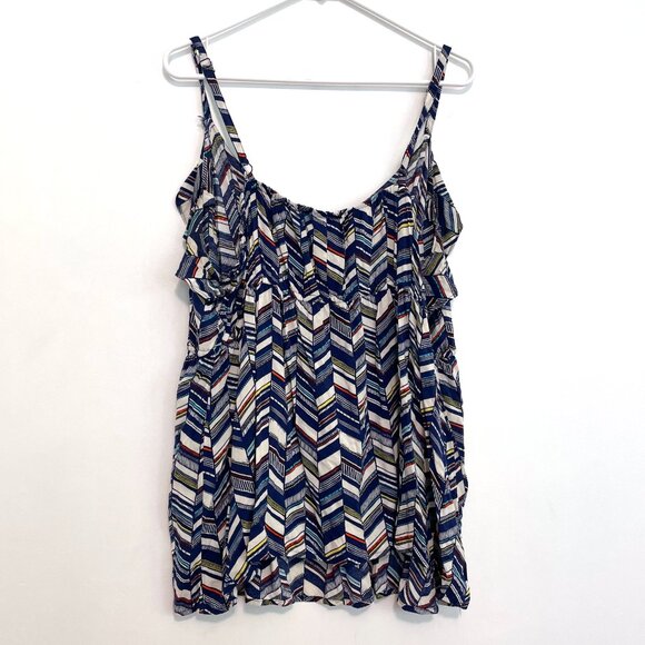TORRID 3 Plus Size Chevron Print Challis Ruffle Babydoll Top Blue White Boho 3X - Picture 13 of 16